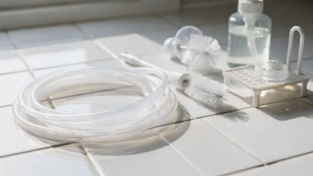 Saubere Milchpumpe-Schläuche auf einem Badezimmer-Counter mit Reinigungsutensilien