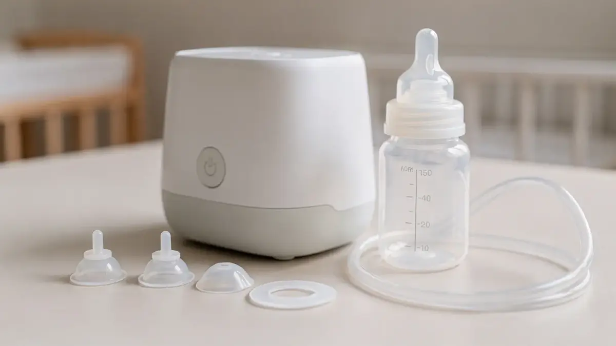 Milchpumpe mit Verschleißteilen wie Ventilen, Membranen und Schläuchen auf hellem Tisch