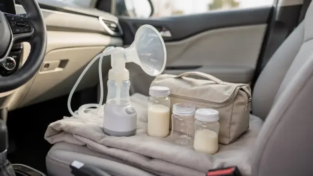 Auto-Innenraum mit Milchpumpe und Aufbewahrungsbeutel zum Thema Abpumpen im Auto