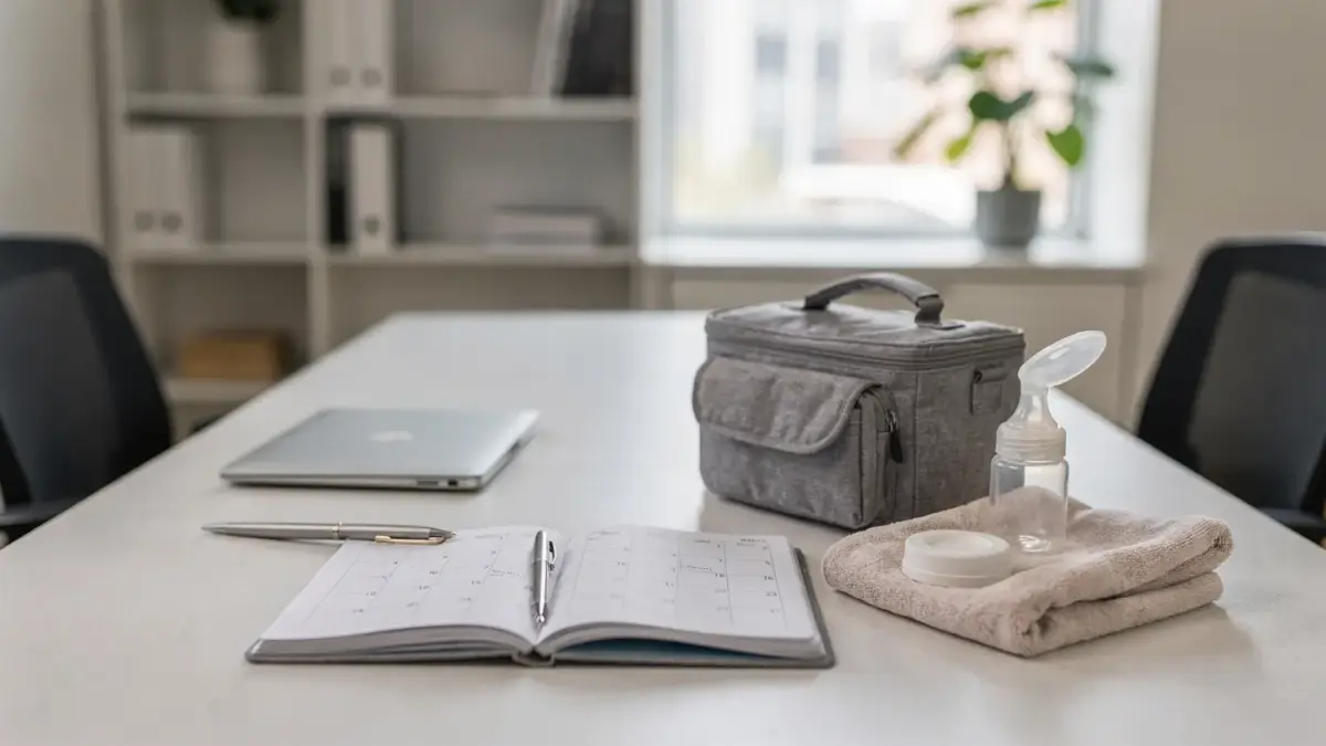 Abpumpen mit dem Chef besprechen: Gespräch im Büro mit Kalender und Notizbuch