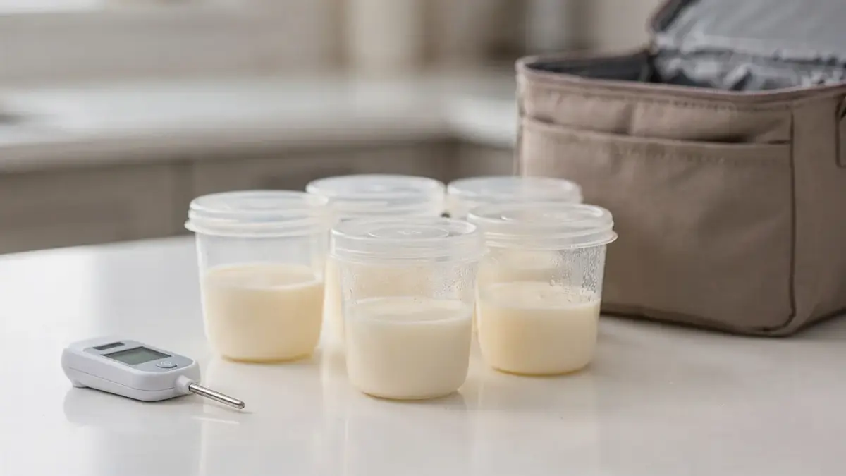Aufbewahrte Muttermilch in Behältern neben einer Kühltasche zum Thema sichere Lagerung ohne Kühlschrank