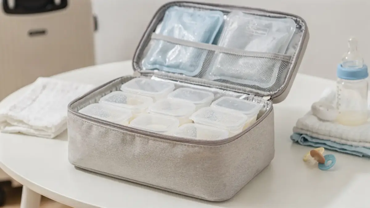 Kühlbox mit Muttermilchbehältern und Kühlakkus für sicheres Reisen