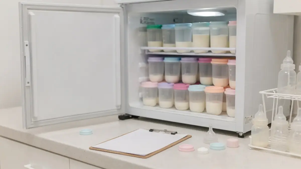 Beschriftete Muttermilchbehälter in einer Kita-Kühleinheit zum Thema Kita-Muttermilch und erlaubte Angaben