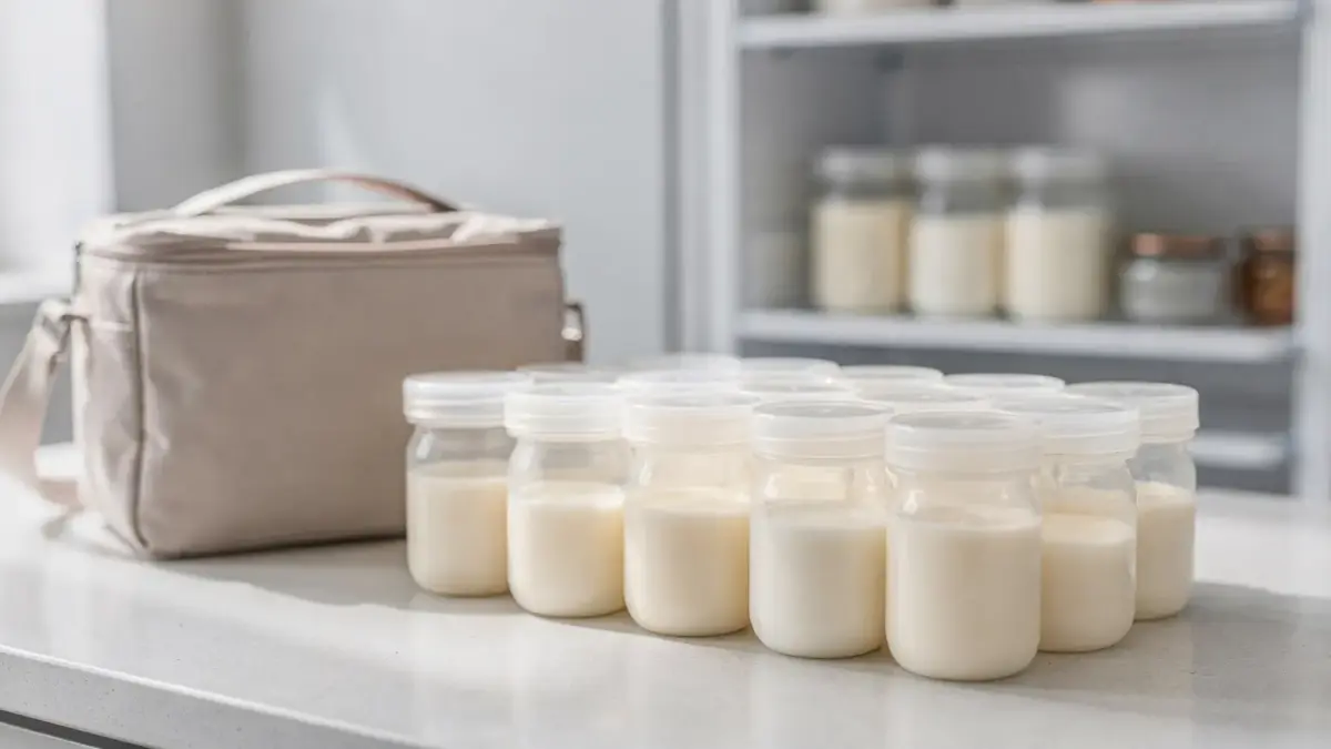 Beschriftete Muttermilch-Behälter mit Datum und Uhrzeit zum Thema Muttermilch etikettieren