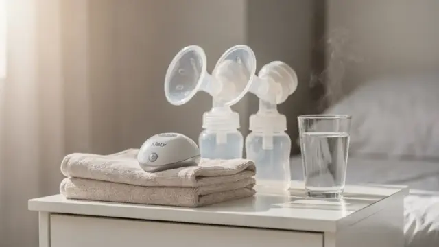 Wärme vor dem Abpumpen: Warmkompresse und Milchpumpe auf einem Tisch