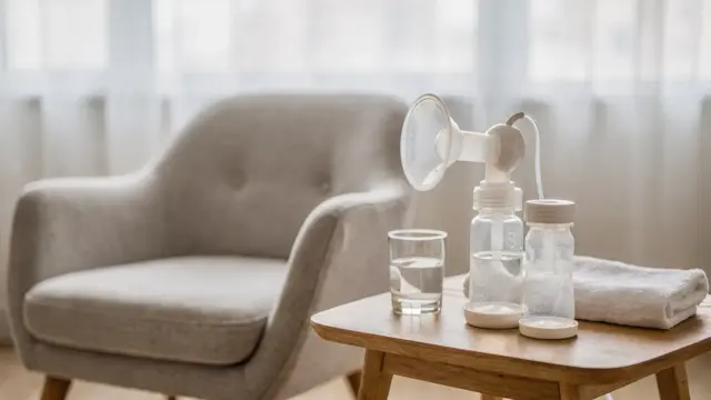 Stillleben mit Milchpumpe und Zubehör zum Thema Stress und Milchfluss beim Abpumpen