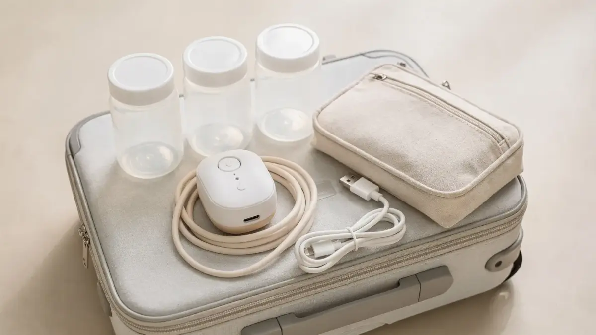 Mobiles Abpump-Zubehör: Milchpumpe, Fläschchen, Kühlbeutel und Ladekabel für unterwegs