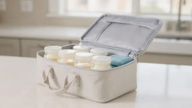 Kühltasche für Muttermilch mit Milchbehältern und Kühlelementen in einer Küche