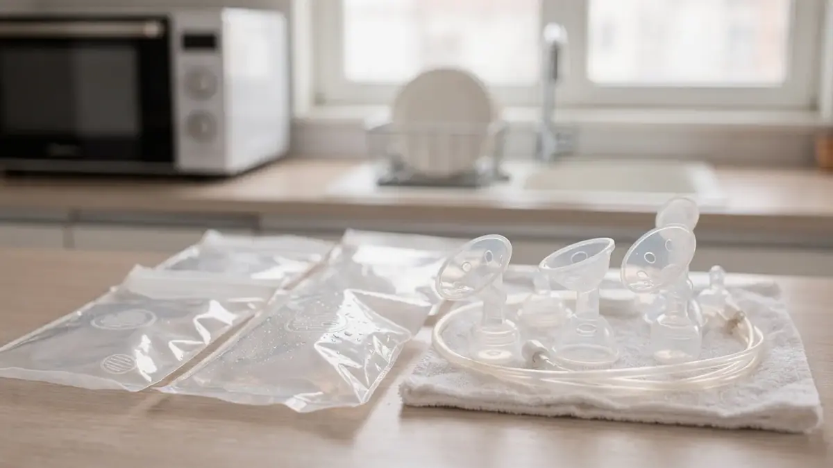 Milchpumpe-Sterilisationsbeutel neben Milchpumpe und Babyzubehör auf einer sauberen Küchenarbeitsfläche