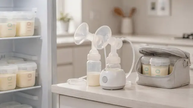Muttermilch für den Arbeitstag: aufbewahrte Milchbehälter, Kühltasche und Milchpumpe in heller Umgebung