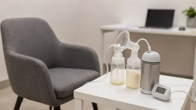 Laktationsraum am Arbeitsplatz mit Milchpumpe, Flasche und Timer zum Thema Milchstau bei der Arbeit