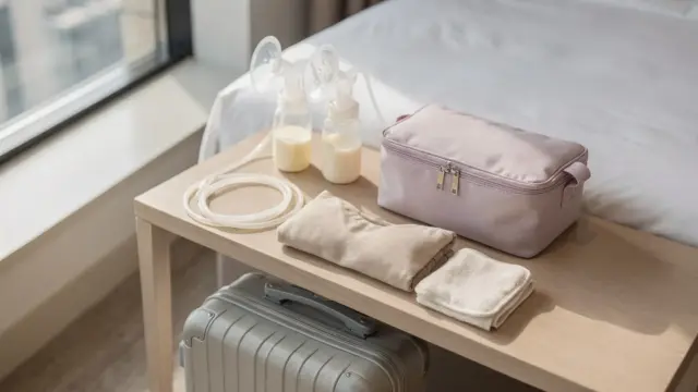 Reise-Set mit Milchpumpe, Kühltasche und Wärmekompresse zum Thema Milchstau auf Reisen vermeiden