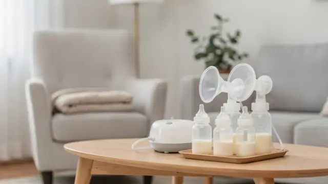Stillpumpe und Milchbehälter für das Abpumpen mit Partner oder Betreuungsperson organisiert