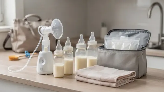 Vorbereitete Muttermilch und Zubehör für die Übergabe an Babysitter oder Großeltern