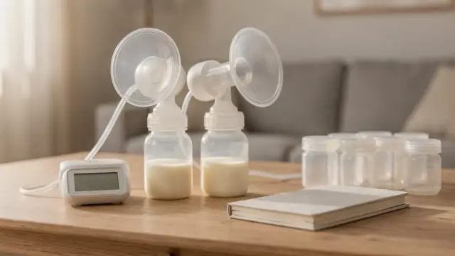 Stillleben mit Milchpumpe, Flaschen und Timer zum Thema Abpumpplan im Alltag