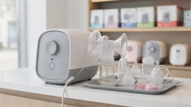 Milchpumpe in der Nähe finden und mieten: moderne Milchpumpe mit Zubehör in einer hellen Fachgeschäft-Umgebung