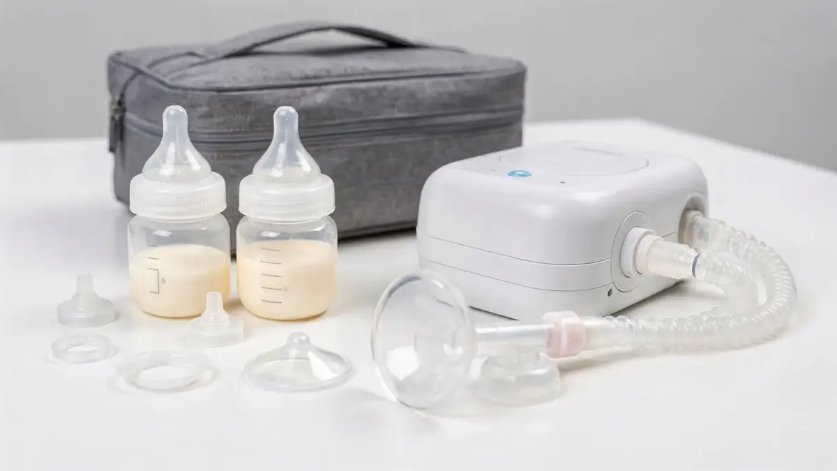 Milchpumpe Zubehör: Mietpumpe mit Schlauch, Flaschen, Ventilen und Zubehör auf hellem Tisch